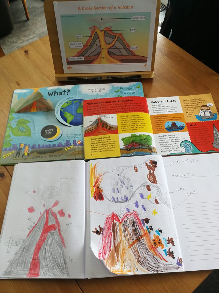Photo of childrens work on volcanos