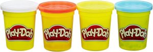 Picture of 4 tubs of playdoh in the primary colours