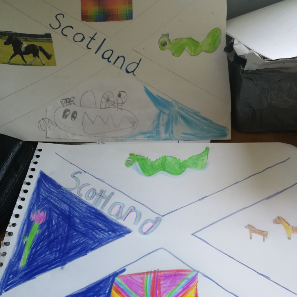 Picture showing childrens drawings based on Scotland