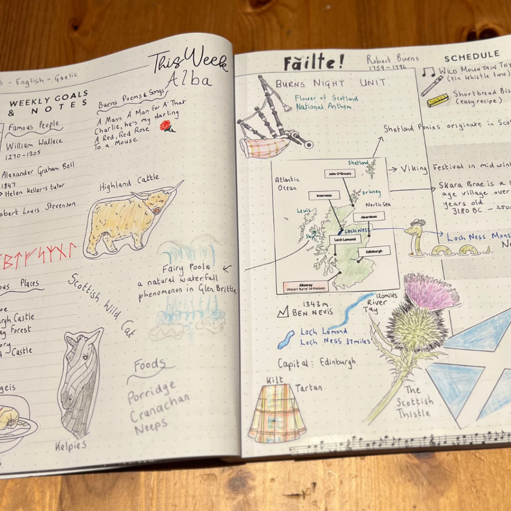 Image showing a page of notes on learning about Scotland
